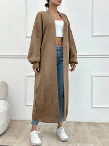 SHEIN Tall Cárdigan con bolsillos dobles y hombros caídos - Camel - Ver 4