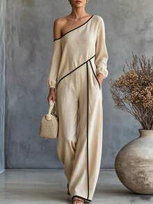 SHEIN Jumpsuit Wanita Musim Semi/Panas/Gugur Motif Aprikot Bertekstur Bahu Asimetris dengan Garis Kontras Hitam, Lengan Panjang, dan Potongan Pinggang Lebar - Aprikot - View 6