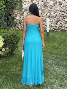 Ronhire Vestido Longo Fluido com Decote em V, Sem Alças e Decote Profundo para Mulheres, Azul Petróleo, Casual de Verão, Férias e Férias, Vestido de Praia Boêmio Elegante em Linha A para Festa e Balada - Azul menta - Visão 3