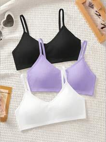 SHEIN Tween Girl Tween Girl 3pcs Tween Girls' Simple Basic V-Neck Padded & Breathable Lingerie Set White - Multicolor - View 2