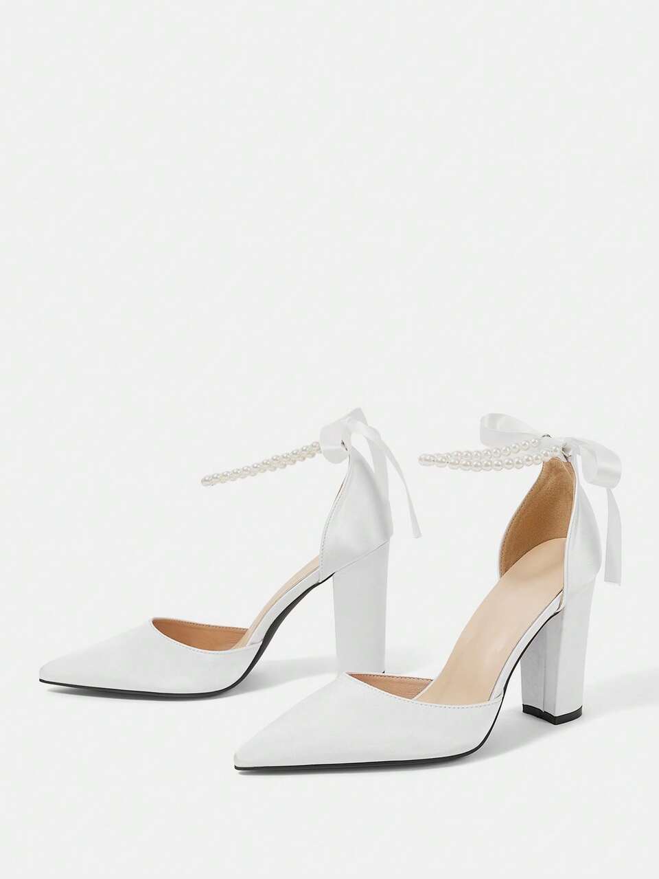 CUCCOO HITCHD Women White Satin Pearl Chain Bowknot Pointed Toe Block Heels, Hollow Out Ankle Strap Pumps, Elegant Bridal Wedding Evening Party High Heeled Sandals Fall Shoes