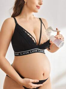 Moonlight&Mama Letter Webbing Black Plus Size Maternity Nursing Bra Comfortable 1pc Summer Sexy - Black - View 6
