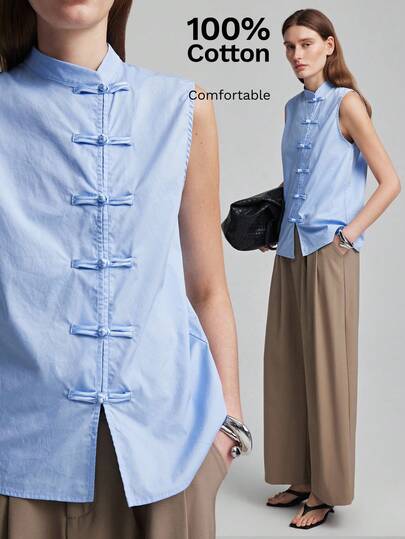 Ontre Women's Solid Color Stand Collar Casual Modest Elegant Minimalist Versatile Daily Wear Office Brunch Tea Party Shirt Light Blue Summer Teachers' Day