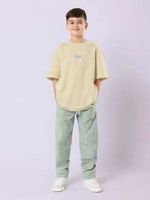 SUMWON Oversized Tween Boys Casual Coordinated T-Shirt And Trackpant Set With Logo Print Everyday Wear - Beige - View 1