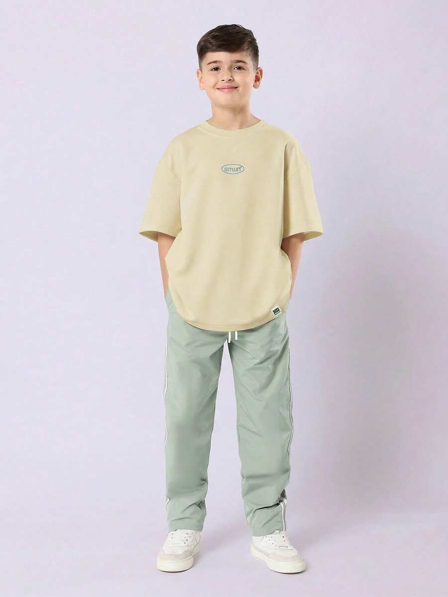 SUMWON Oversized Tween Boys Casual Coordinated T-Shirt And Trackpant Set With Logo Print Everyday Wear - Beige - View 1