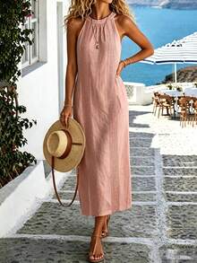 Omancia Women's Summer Solid White Lace Long Casual Vacation Dress - Pink - View 3