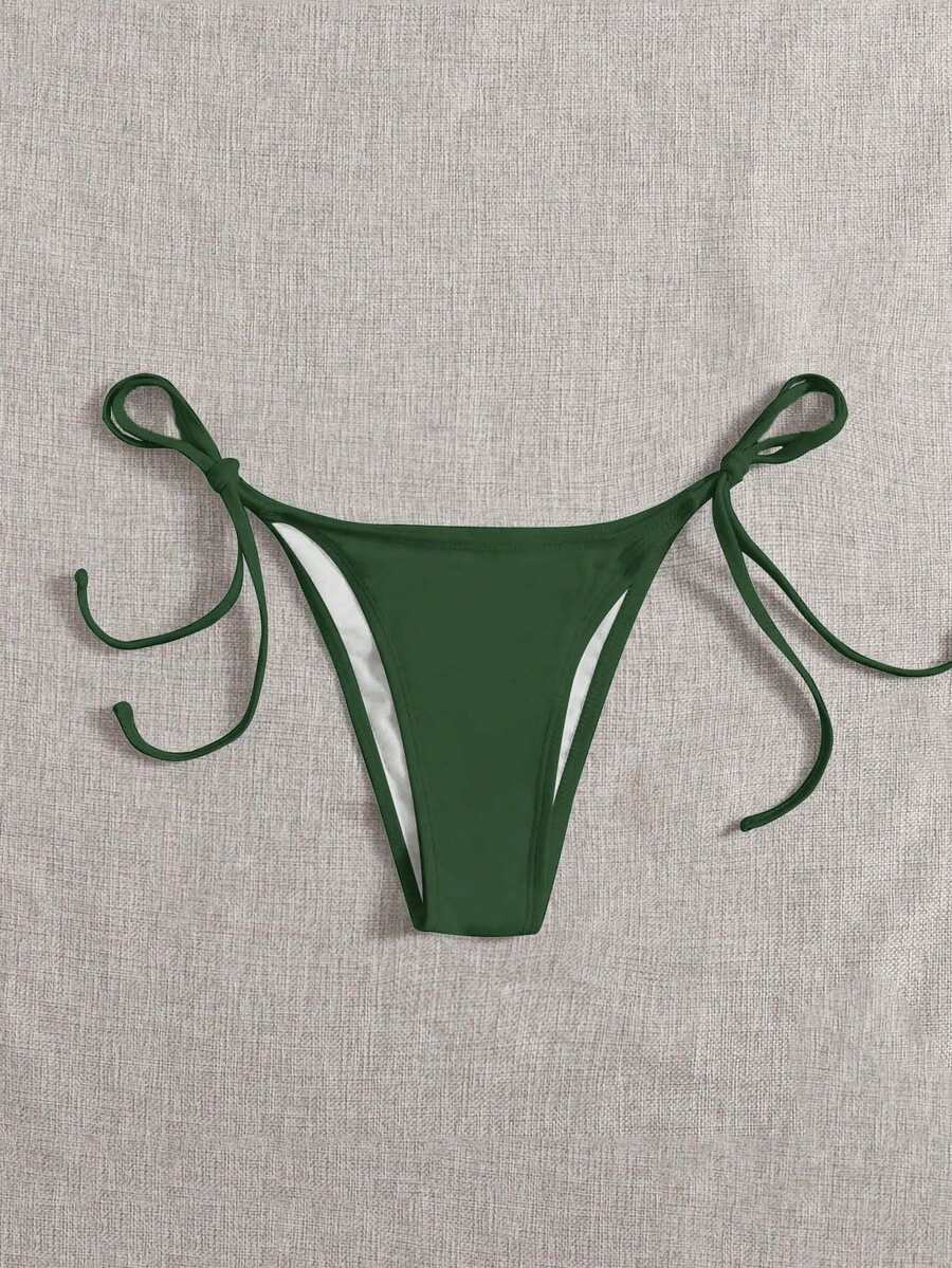 SHEIN Swim 女款夏季海灘純色側綁帶比基尼泳褲 - 軍綠色 - 查看 1