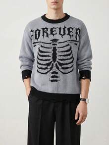 Manfinity Roughcore Sweater Kasual Pria Kerah Bulat dengan Grafis Huruf dan Blok Warna untuk Sehari-hari - Dark Grey - View 1