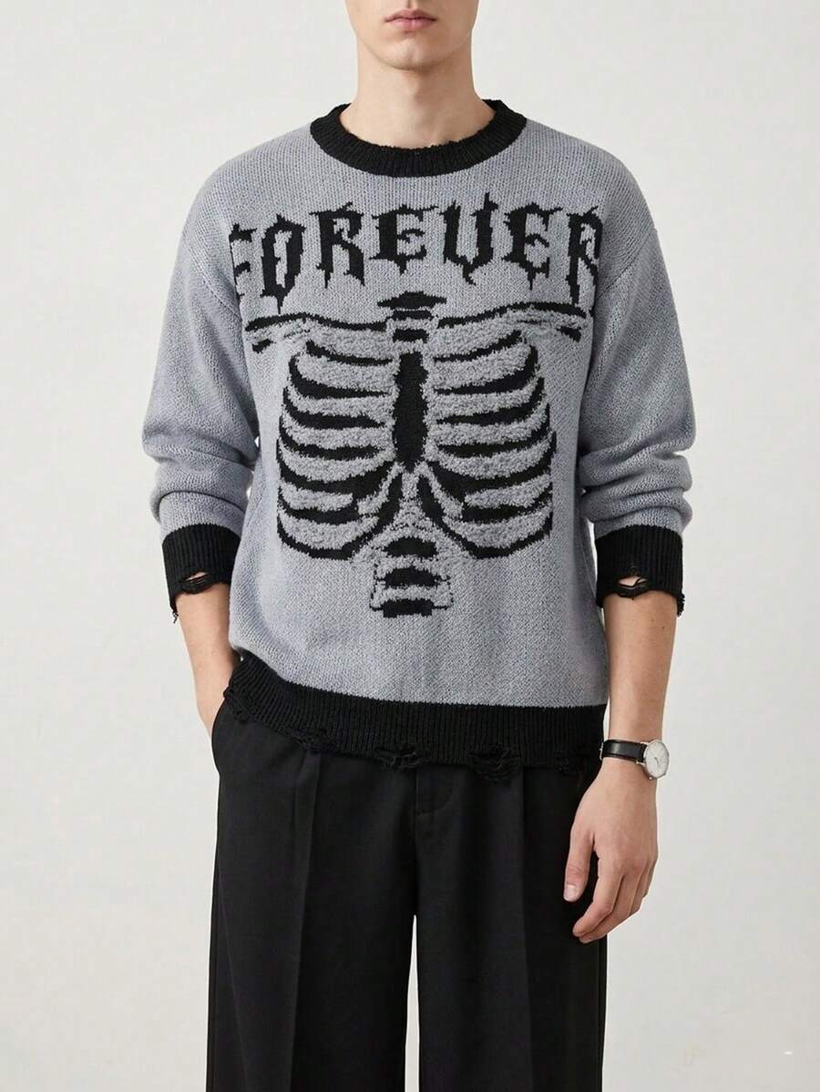 Manfinity Roughcore Sweater Kasual Pria Kerah Bulat dengan Grafis Huruf dan Blok Warna untuk Sehari-hari - Dark Grey - View 1