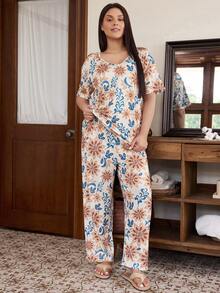 Doze Lane Plus Size Casual Printed V-Neck Short Sleeve Long Pants Pajama Set White Summer - Multicolor - View 4