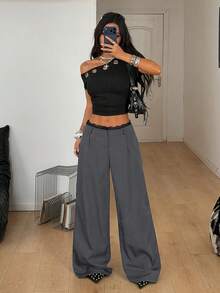 SHEIN Tall CURVE 大尺碼女款夏季街頭風商務休閒優雅約會夜穿辦公時尚極簡對比色蕾絲黑色長褲 - 灰色 - 查看 7