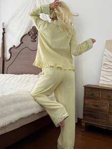 DAZY Women's Star Print Patchwork Top & Pants Pajama Set Fall - Green - View 2