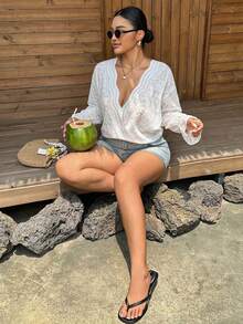 Livesso V-Neck Elegant Lace Blouse With Asymmetric Front Closure, Short Sleeve, Plus Size Women's White Shirt For Spring/Summer - White - View 1