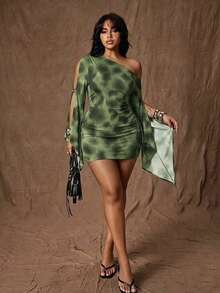 Rustia Plus Size American Street Style Sexy Black Minimalist Asymmetrical Neckline Bodycon Slimming Elegant Casual Daily Plus Size Cinched Waist Fitted Slimming Short Plus Size Minimalist Daily Commute Plus Size Long Sleeve Black Short Dress Plus Size Summer Spring Plus Size Short Bodycon Short Dress - Green - View 4