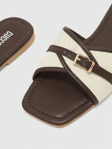 CUCCOO BIZCHIC Women's Spring/Summer New Patchwork Square Toe Soft Sole Flat Sandals With Metal Buckle Cross Strap, Suitable For Daily Commute, Vacation, Outings - Brown - View 8