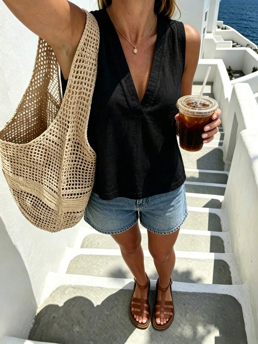 SHEIN Holidaya 女款純色休閒背心,適合度假、海灘與日常穿著 - 黑色 - 查看 1