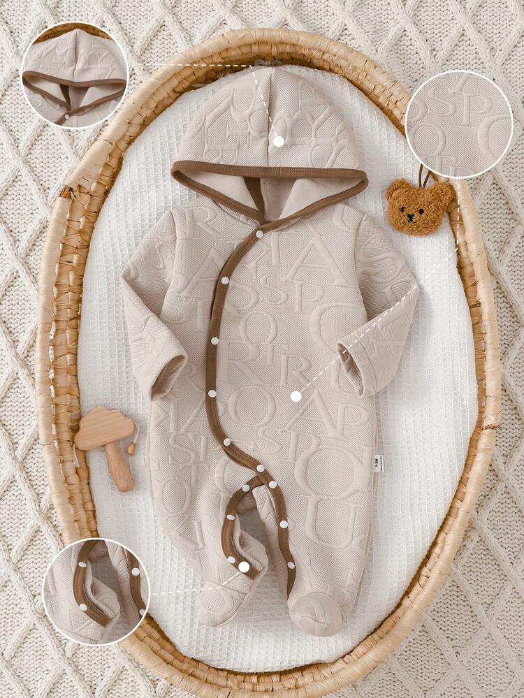 1pc Autumn/Winter Newborn Baby Home Wear Khaki Color Double Layer Fabric Letter Embossed Hooded Footed Jumpsuit, Diagonal Button Brown Trim Design, Convenient Diaper Change, Loose Long Sleeve Full Footed Anti-Cold, Soft Comfortable Unisex Baby Versatile Outfit For Outings And Home, Best Gift For Newborns - Apricot - View 7
