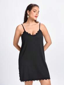 Slumbrini Plus Contrast Lace Split Hem Cami Pajama Nightdress Halloween Lingerie - Black - View 5