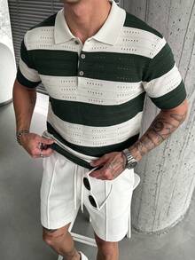 Manfinity Homme 男士條紋鏤空針織 Polo 衫，短袖，夏季商務休閒對比色領襯衫 - 墨綠色 - 查看 5
