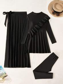 Swim Shayni Swim Modest Women Ruffle Long Sleeve Burkini Split Swim Dress With Belt - Black - View 5