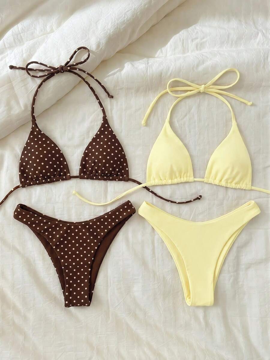 Elavelle 4件組 春夏椰子樹印花與純色掛脖式肩帶優雅女款泳衣套裝,適合海灘度假 - 彩色 - 查看 1