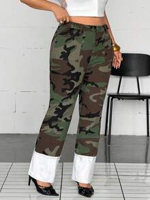 Jeanoix Cowgirl Plus Size Women's Autumn Camouflage Stretch Slim Straight Leg Cuffed Jeans , Fall - Multicolor - View 5