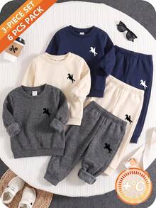 SHEIN Genkimix Kids 3套小男孩馬匹印花T恤慢跑褲套裝，幼兒3色配色運動服套裝組合，秋冬款日常穿著套裝，白色 - 彩色 - 查看 3