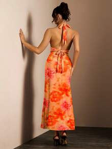 SHEIN X Garcia Sisters Glamine Red Orange Floral Print Halter Ruched Maxi Dress,Women's Deep V Backless High Slit Bodycon Party Beach Vacation Dress Summer Sexy Tropical - Multicolor - View 2