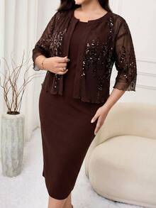 Modelyn Plus Size Elegant Party Sequin Jacket & Dress 2 Pieces Set - Rust Brown - View 7