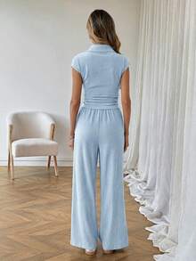 SHEIN LUNE 休閒女款 Polo 領短袖上衣與長褲兩件套 - 淺藍色 - 查看 2