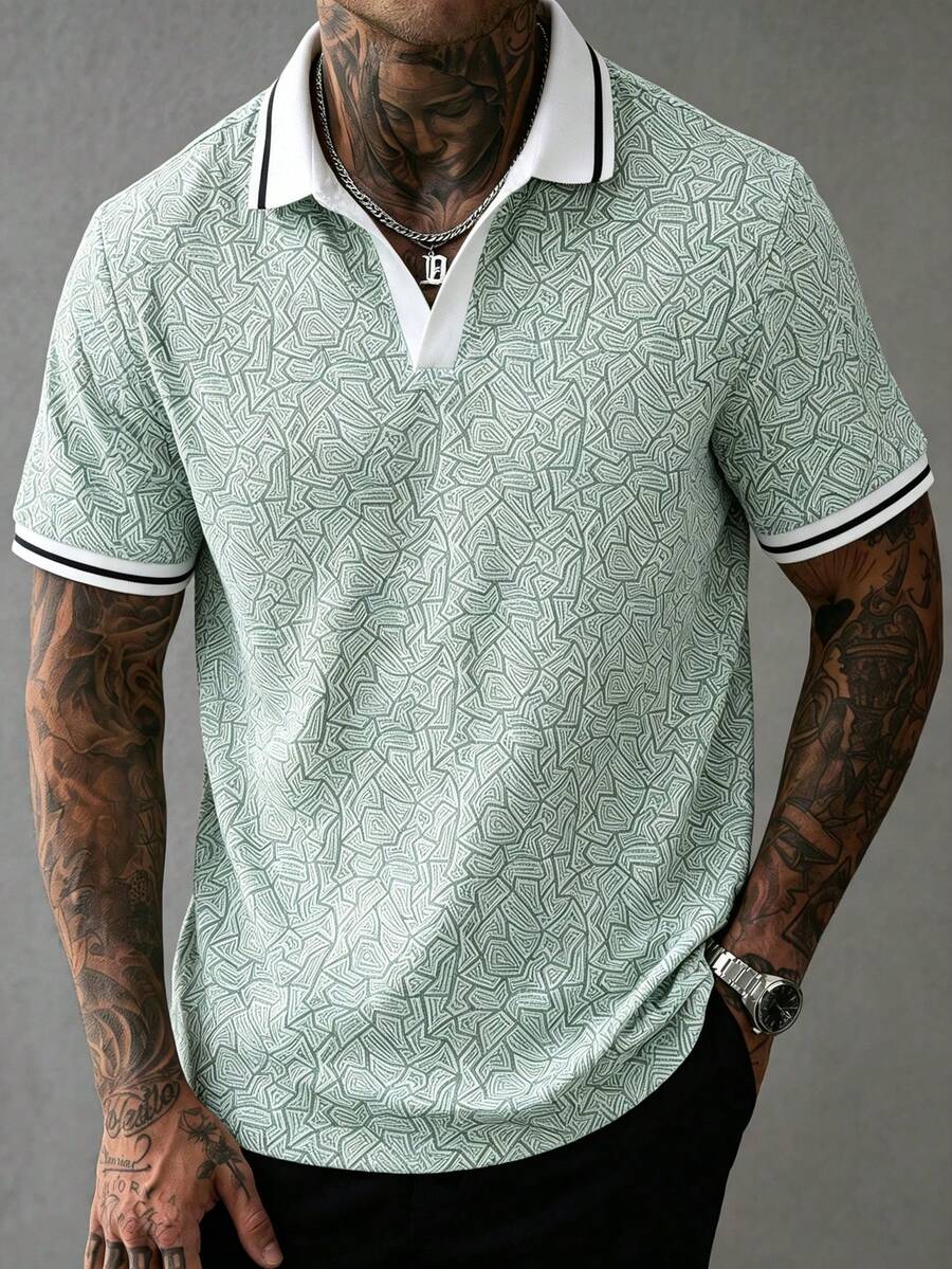 Manfinity Homme Men's Blue Geometric Textured V-Neck Contrast Trim Polo Shirt - Green - View 1