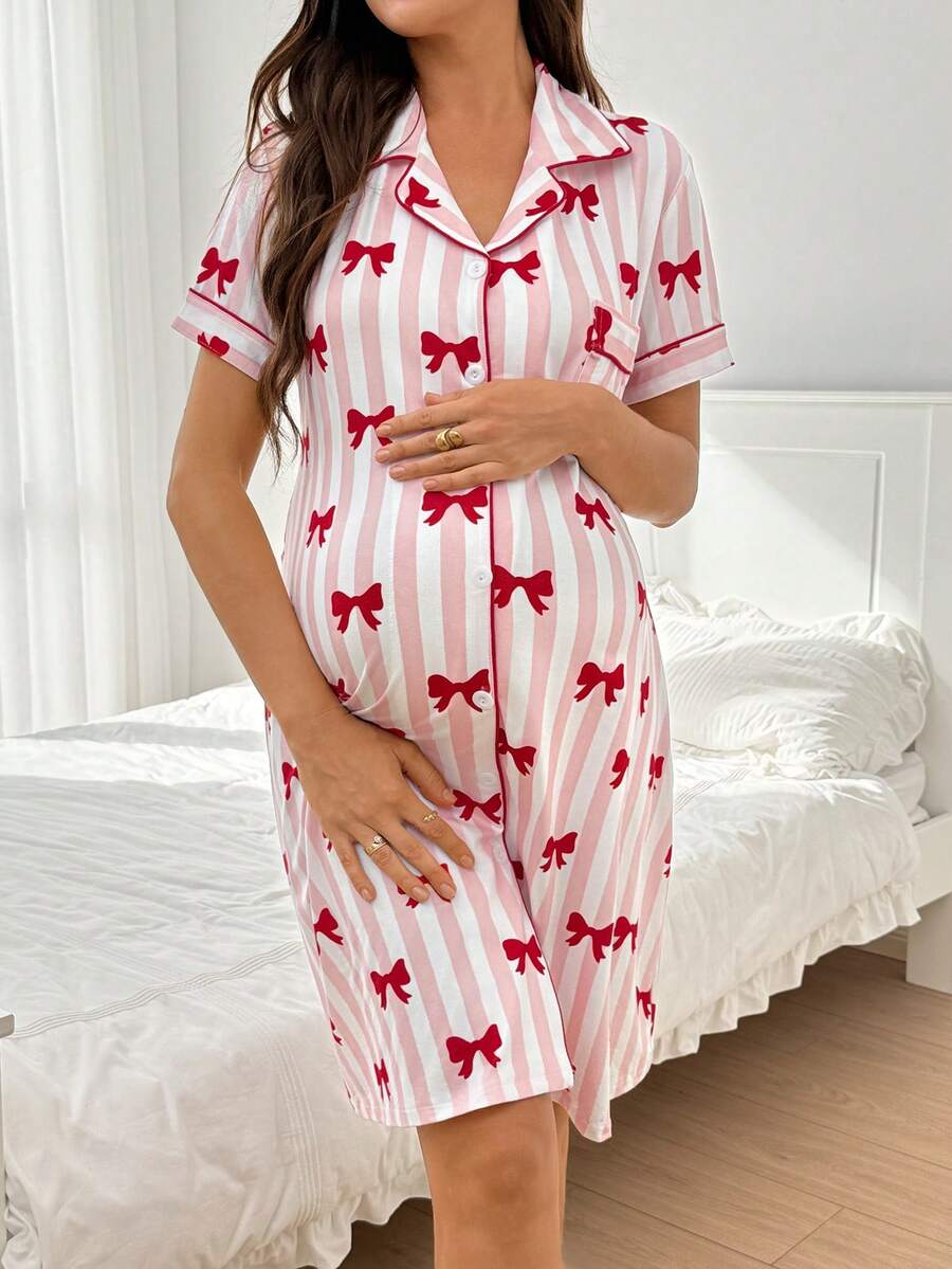 Moonlight&Mama Vertical Striped All-Over Print Bow Contrast Color Pink Trim Lapel Front Button Loose Maternity Short Sleeve Loungewear Nightgown - Pink - View 1