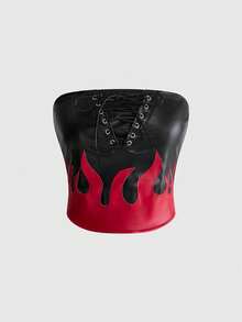 ROMWE Grunge Punk Punk Colorblock Flame Embroidered PU Lace-Up Design Fitted Tube Top - Black - View 1