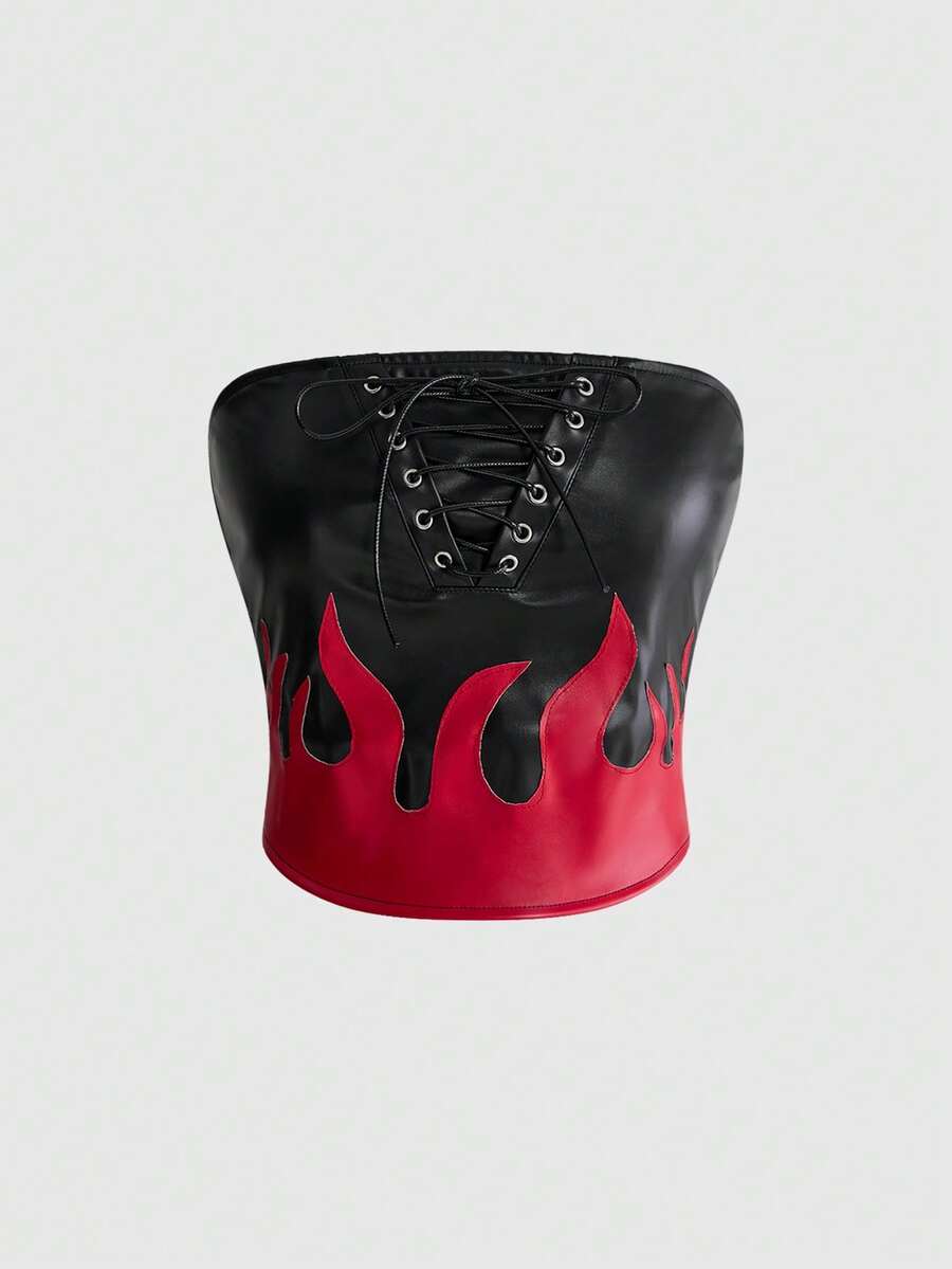 ROMWE Grunge Punk Punk Colorblock Flame Embroidered PU Lace-Up Design Fitted Tube Top - Black - View 1