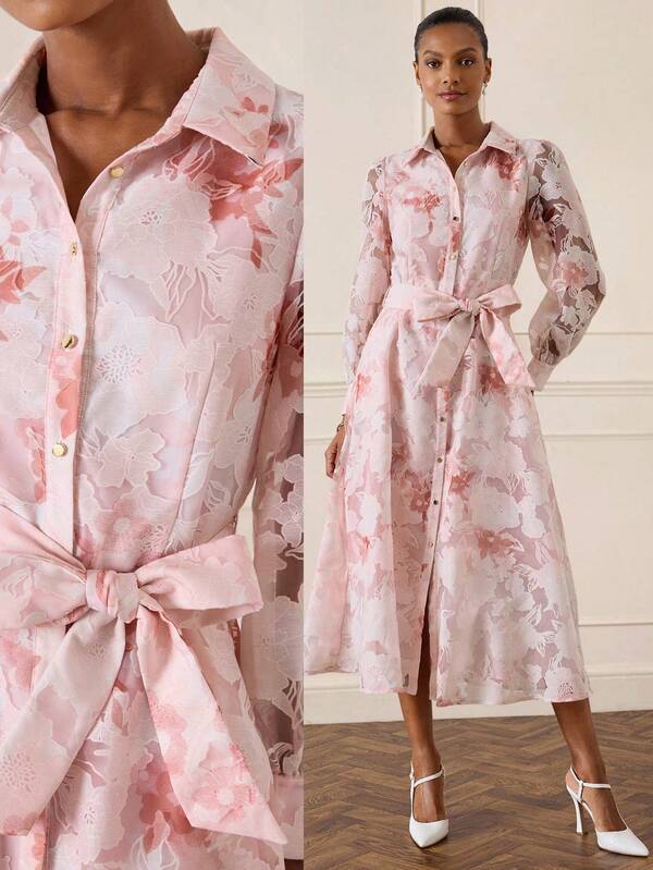 Lilora Women's Long Jacquard Shirt Dress, High-End Fashion Versatile Elegant, Suitable For Commuting, Daily Casual, Outing, Party, Summer, Blush Pink