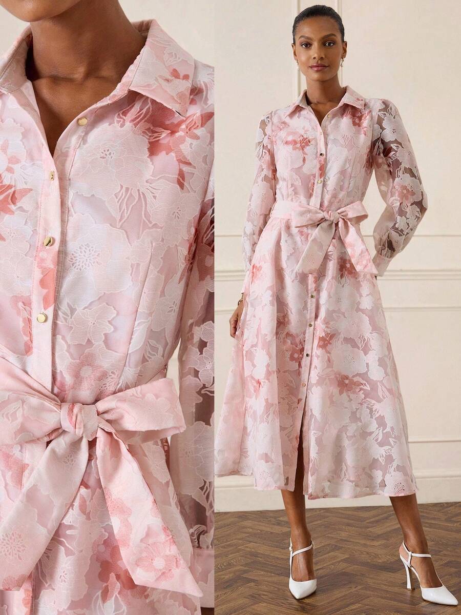 Lilora Women's Long Jacquard Shirt Dress, High-End Fashion Versatile Elegant, Suitable For Commuting, Daily Casual, Outing, Party, Summer, Blush Pink