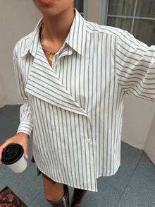 DAZY 女款休閒長袖條紋寬鬆層次感 2 合 1 領口襯衫，適合夏季與秋季 - 墨綠色 - 查看 1