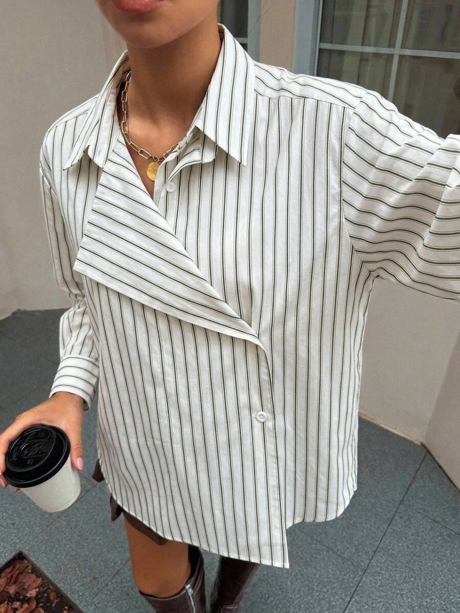 DAZY 女款休閒長袖條紋寬鬆層次感 2 合 1 領口襯衫,適合夏季與秋季 - 墨綠色 - 查看 1