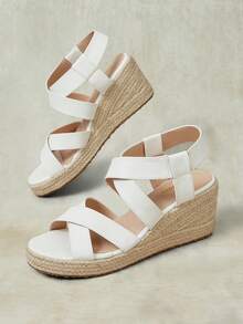 Styleloop Women's Beige Floral Embroidered Rope Woven Wedge Platform Sandals, Bohemian Vacation Style - Beige - View 5