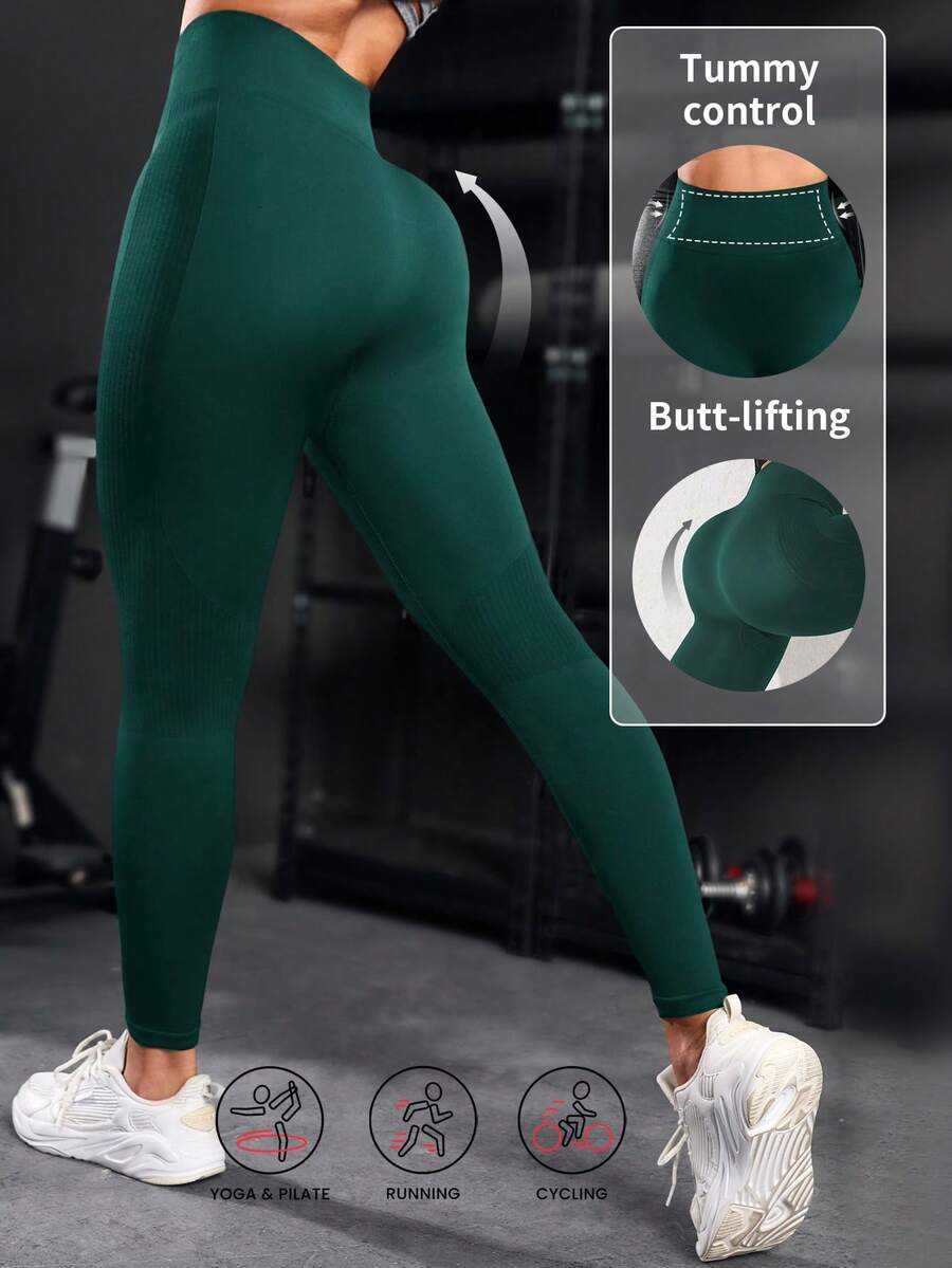Powerista 女款極簡百搭緊身運動瑜伽內搭褲 - 黑/綠 - 查看 1