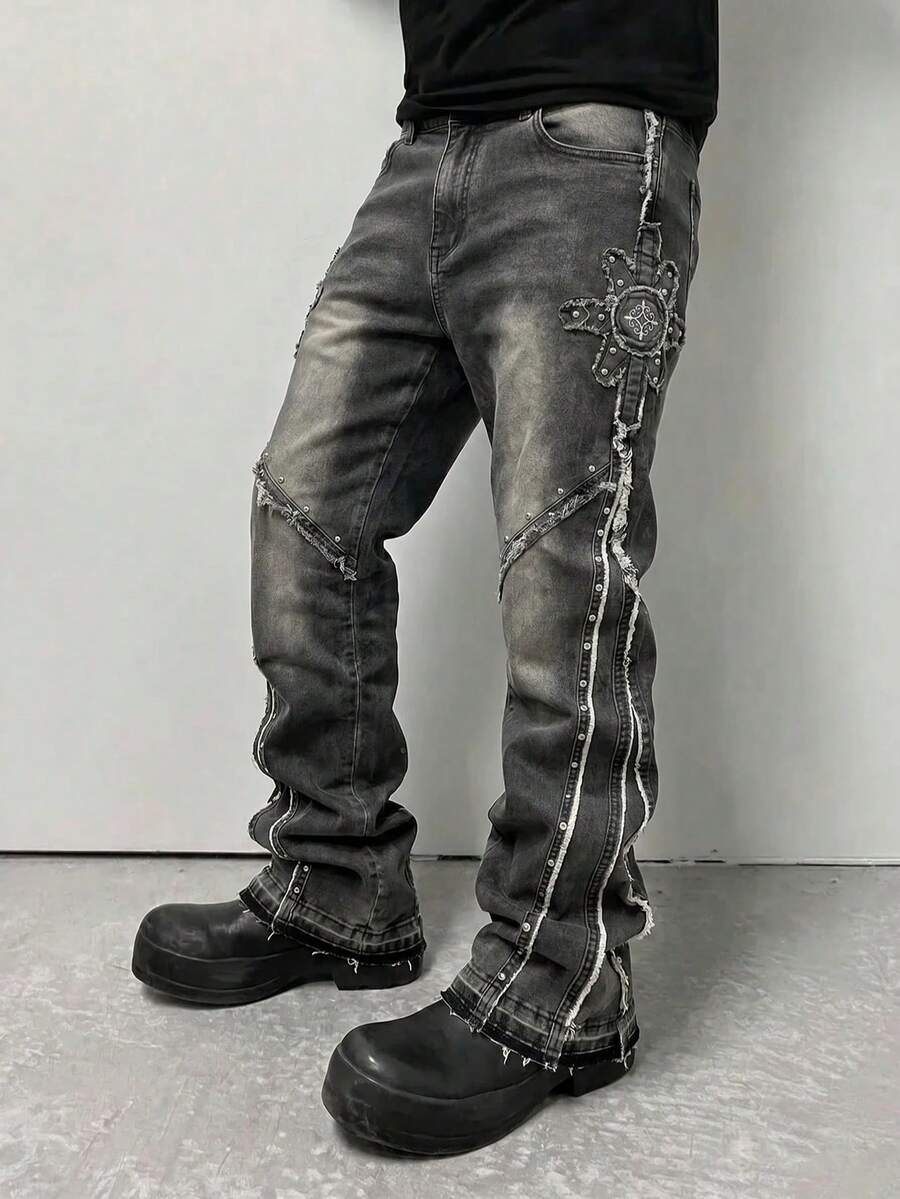 ROMWE MEN Casual Men's Rivet Decor Frayed Hem Layered Denim Jeans - Black - View 1