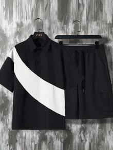 Manfinity Hypemode 男士對比色 Polo 領短袖 T 恤與工裝短褲休閒兩件套 - 彩色 - 查看 5
