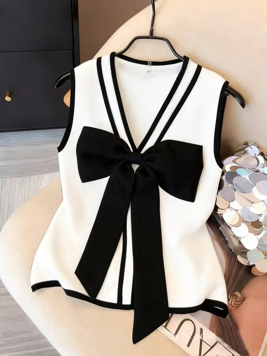 Resyla Women's V-Neck Bow Decor Elegant Camisole Top For Summer - White - View 1