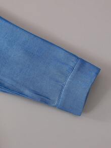 Tween Girl 女孩刺繡長袖襯衫 + 寬腿褲 2件套，淺藍色布料，小馬刺繡裝飾，翻領單排扣襯衫，鬆緊腰寬腿褲，休閒通勤風女裝，春夏/秋冬日常街頭穿搭，校園造型，小眾設計套裝 - 藍色 - 查看 4