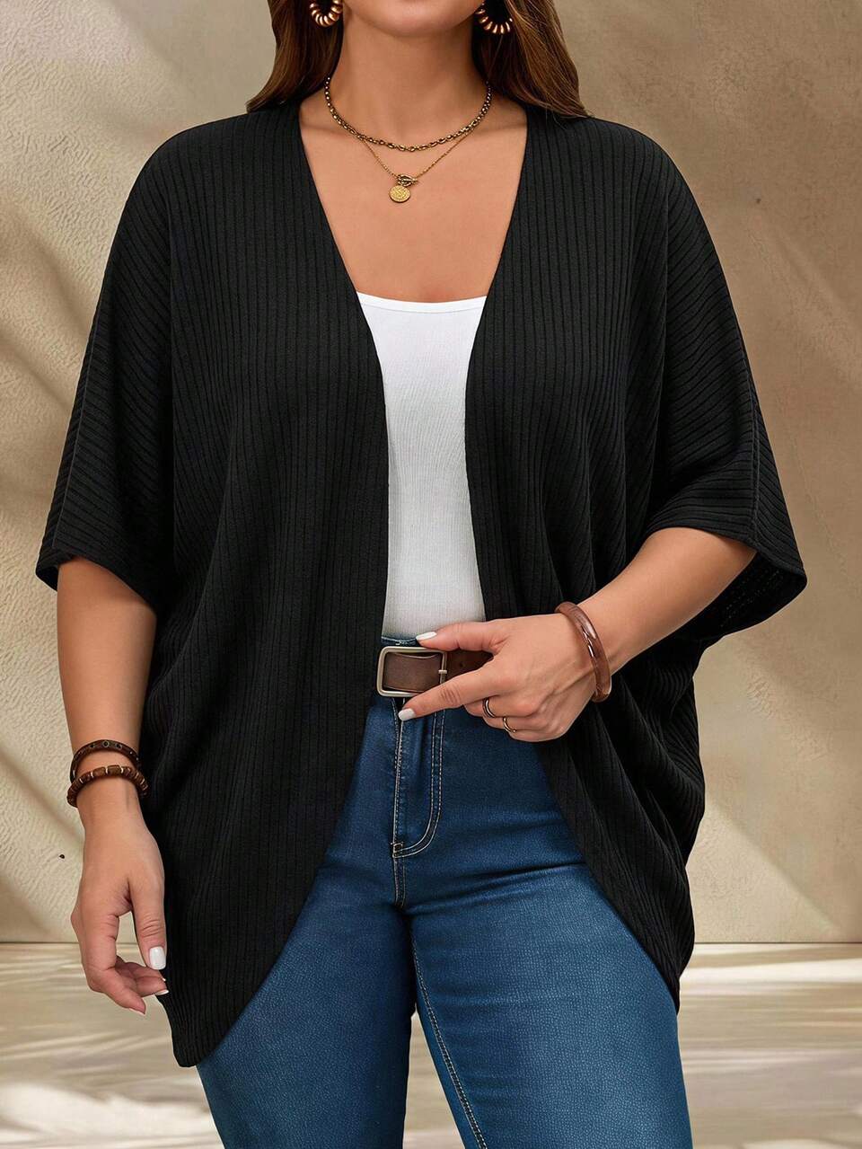 Women's Plus Size Solid Color Batwing Sleeve Loose Open Front Cardigan Rodeo Black Summer