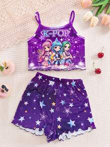 青少年女孩休閒修身卡通可愛女孩圖案細肩帶上衣與短褲家居服套裝，適合夏季居家穿著 - 彩色 - 查看 2