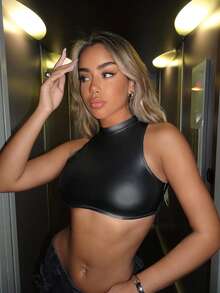 SHEIN ICON 黑色立领短款背心短款女式上衣 - 黑色 - 查看 5