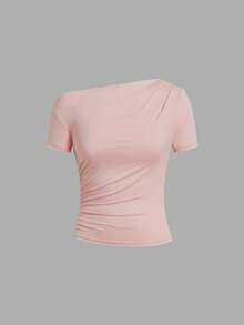 SHEIN Clasi 女款純色不對稱肩褶皺修身百搭休閒T恤 3件/套 - 彩色 - 查看 7