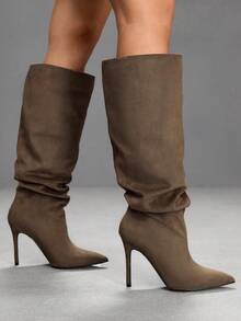 CUCCOO SZL Women's Rhinestone Pointed Toe Pleated Thigh High Boots, Fashionable For Date & Party Outfit For Christmas Spring Shoes - deep khaki - View 2