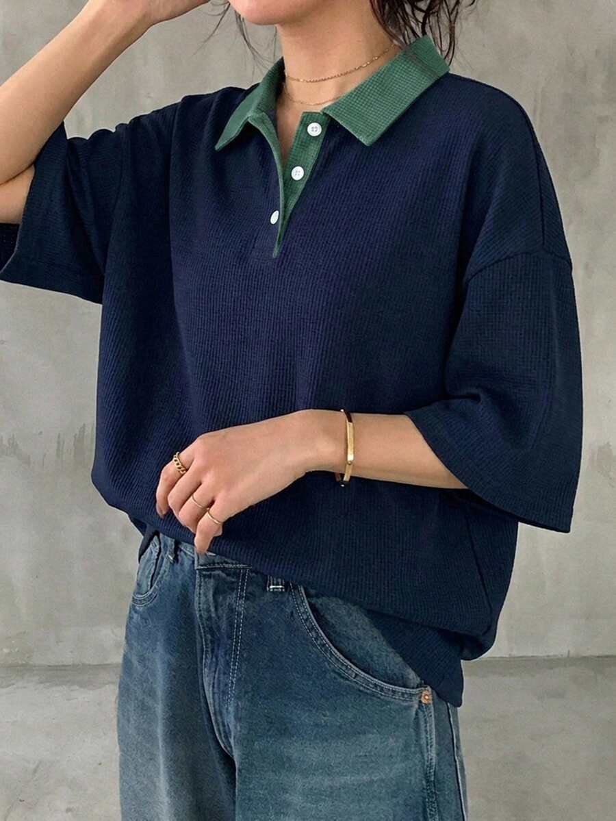 FRIFUL 女士黑白条纹宽松Polo领短袖T恤，休闲夏季服装 - 藍色 - 查看 1